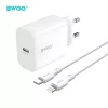 Hálózati töltőfej 1x Type-C + Type-C - iPhone 8pin adatkábel, PD 3.0 / 20W, fehér, BWOO CDA233C-L