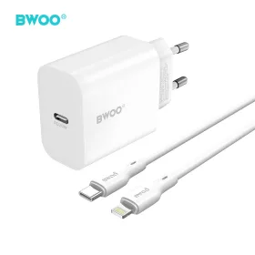   Hálózati töltőfej 1x Type-C + Type-C - iPhone 8pin adatkábel, PD 3.0 / 20W, fehér, BWOO CDA233C-L