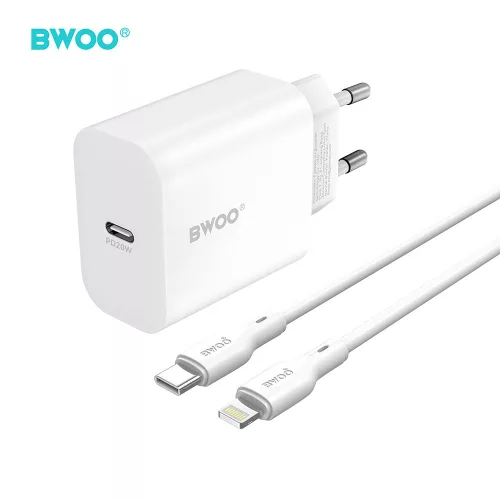 Hálózati töltőfej 1x Type-C + Type-C - iPhone 8pin adatkábel, PD 3.0 / 20W, fehér, BWOO CDA233C-L