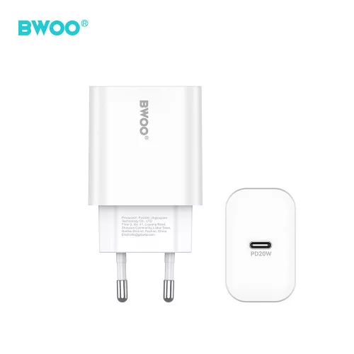 Hálózati töltőfej 1x Type-C + Type-C - iPhone 8pin adatkábel, PD 3.0 / 20W, fehér, BWOO CDA233C-L
