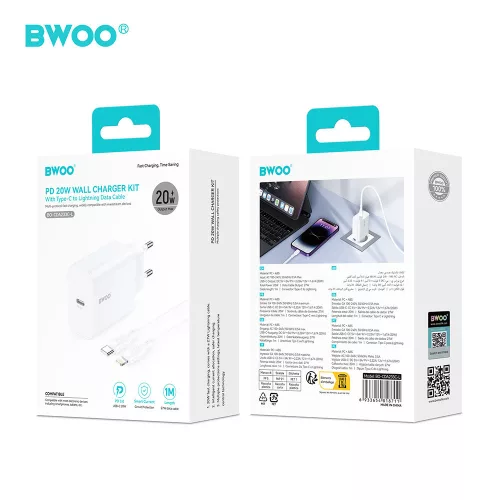 Hálózati töltőfej 1x Type-C + Type-C - iPhone 8pin adatkábel, PD 3.0 / 20W, fehér, BWOO CDA233C-L