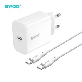   Hálózati töltőfej 1xType-C + Type-C - Type-C adatkábel, PD 20W, fehér, BWOO BO-CDA233C-C