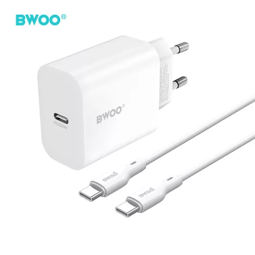 Hálózati töltőfej 1xType-C + Type-C - Type-C adatkábel, PD 20W, fehér, BWOO BO-CDA233C-C