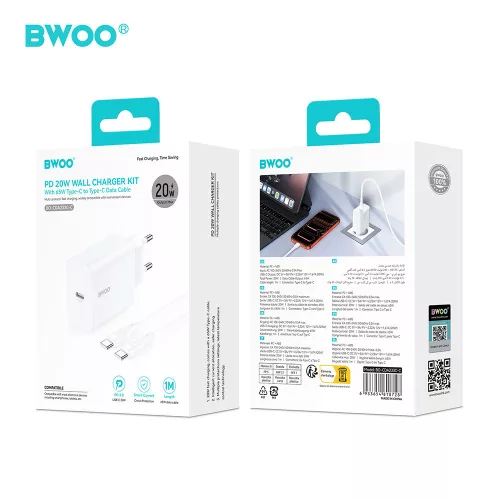 Hálózati töltőfej 1xType-C + Type-C - Type-C adatkábel, PD 20W, fehér, BWOO BO-CDA233C-C