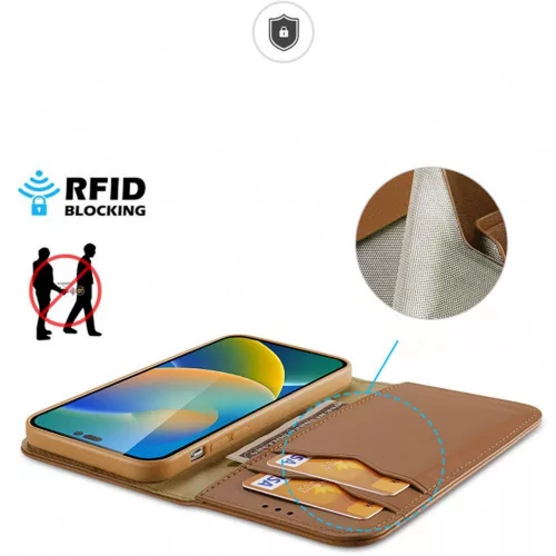 iPhone 15 Pro (6.1") telefon tok, könyvtok, oldalra nyíló tok, mágnesesen záródó, bőr, barna, Dux Ducis Hivo