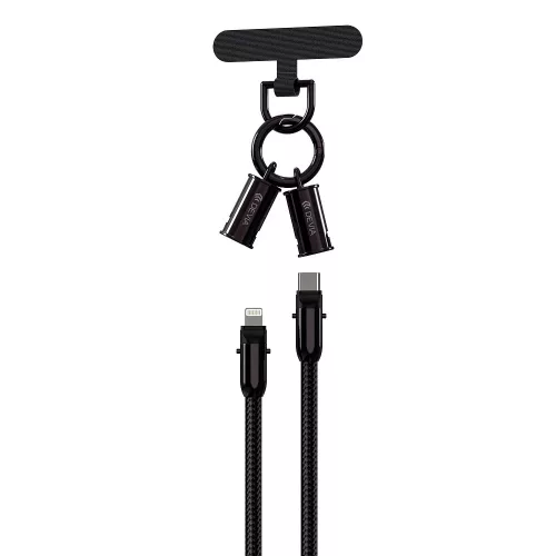 Type-C - iPhone 8pin gyorstöltő adatkábel, nylon fonott, 1.2M, 27W, fekete, Devia 2in1