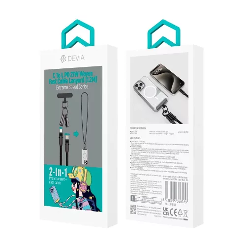 Type-C - iPhone 8pin gyorstöltő adatkábel, nylon fonott, 1.2M, 27W, fekete, Devia 2in1