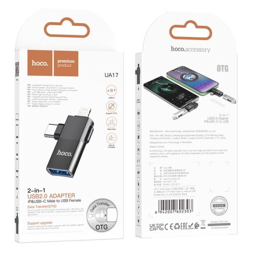 2in1 OTG adapter USB-A / USB-C - Lightning, fekete, Hoco UA17