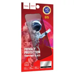   iPhone 15 / 16 (6,1") előlapi üvegfólia, 3D / 9H, edzett, fekete keret, betekintés védelem, Full Glue, Hoco G15 Privacy