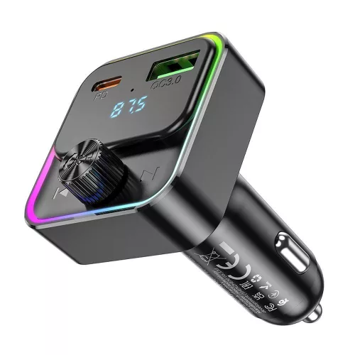Bluetooth FM transmitter, 1xUSB / 1xType-C, QC3.0 / PD 30W, BT5.0, fekete, Hoco Pole E81