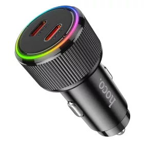   Szivartöltő fej 2xType-C, 50W / 3A, fekete, Led fénnyel, Hoco NZ14B