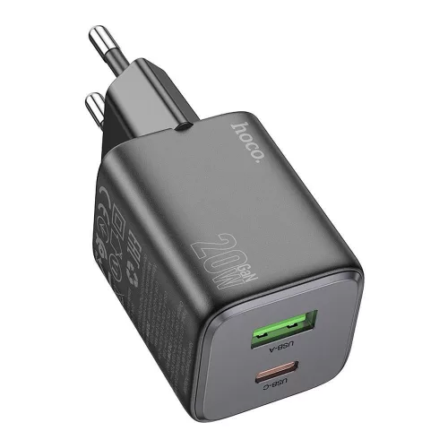 Hálózati gyors töltőfej, 1x USB / 1x Type-C, PD20W / QC3.0, 3A, GaN technológia, fekete, Hoco N41