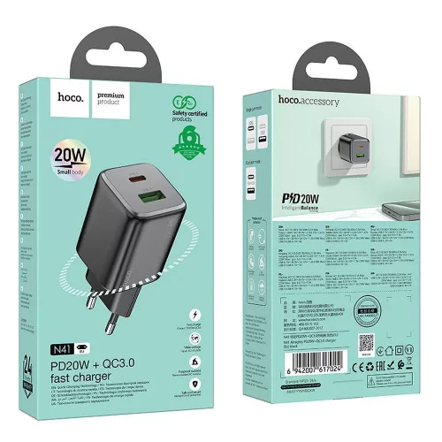 Hálózati gyors töltőfej, 1x USB / 1x Type-C, PD20W / QC3.0, 3A, GaN technológia, fekete, Hoco N41