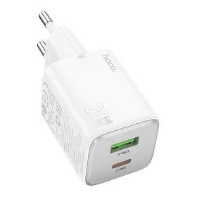   Hálózati gyors töltőfej, 1x USB / 1x Type-C, PD20W / QC3.0, 3A, GaN technológia, fehér, Hoco N41