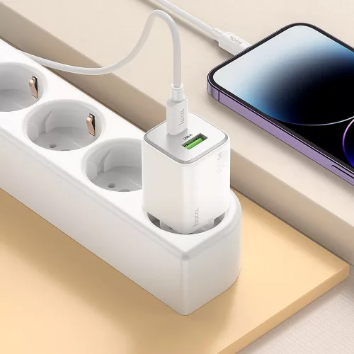 Hálózati gyors töltőfej, 1x USB / 1x Type-C, PD20W / QC3.0, 3A, GaN technológia, fehér, Hoco N41