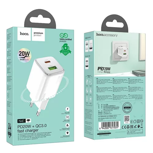 Hálózati gyors töltőfej, 1x USB / 1x Type-C, PD20W / QC3.0, 3A, GaN technológia, fehér, Hoco N41