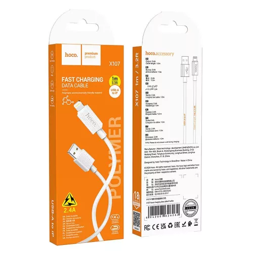 iPhone 8pin gyorstöltő adatkábel, fehér, 1M, 2.4A, Hoco X107