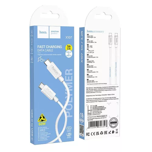 Type-C - Type-C gyorstöltő adatkábel, 60W / 3A, 1M, fehér, Hoco X107