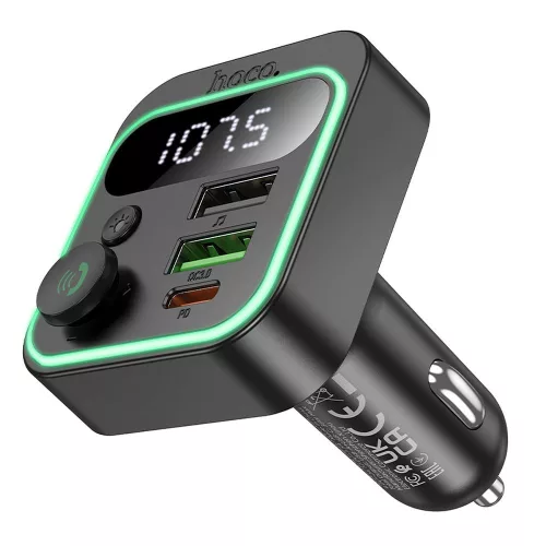 Bluetooth FM transmitter, 2xUSB / 1xType-C, QC3.0 / PD 20W, BT5.4, fekete, HOCO Bravery E85 