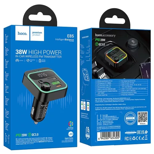 Bluetooth FM transmitter, 2xUSB / 1xType-C, QC3.0 / PD 20W, BT5.4, fekete, HOCO Bravery E85 