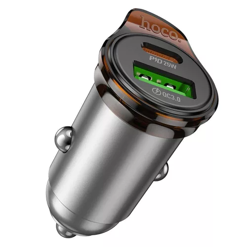 Szivartöltő fej, 1xType-C / 1xUSB, 43W / 3A, metal szürke, Hoco NZ16A