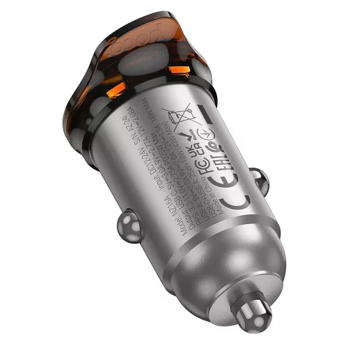 Szivartöltő fej, 1xType-C / 1xUSB, 43W / 3A, metal szürke, Hoco NZ16A