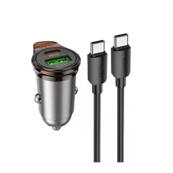   Szivartöltő fej 1xType-C / 1xUSB + Type-C - Type-C kábellel, PD25W / QC3.0, 3A, metal szürke, Hoco NZ16A