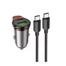   Szivartöltő fej 1xType-C / 1xUSB + Type-C - Type-C kábellel, PD25W / QC3.0, 3A, metal szürke, Hoco NZ16A