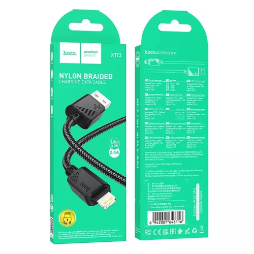 iPhone 8pin gyorstöltő adatkábel, szövettel fonott, fekete, 1M, 2.4A, Hoco X113