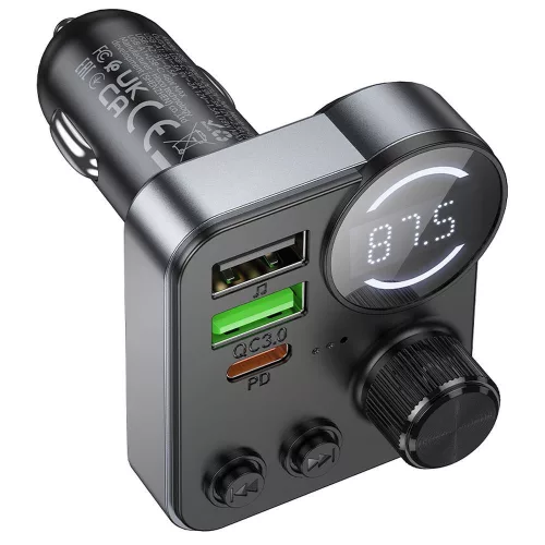Bluetooth FM transmitter, 2xUSB / 1xType-C, QC3.0 / PD 48W, BT5.4, fekete, HOCO E86 