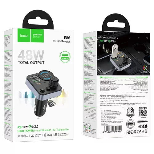 Bluetooth FM transmitter, 2xUSB / 1xType-C, QC3.0 / PD 48W, BT5.4, fekete, HOCO E86 