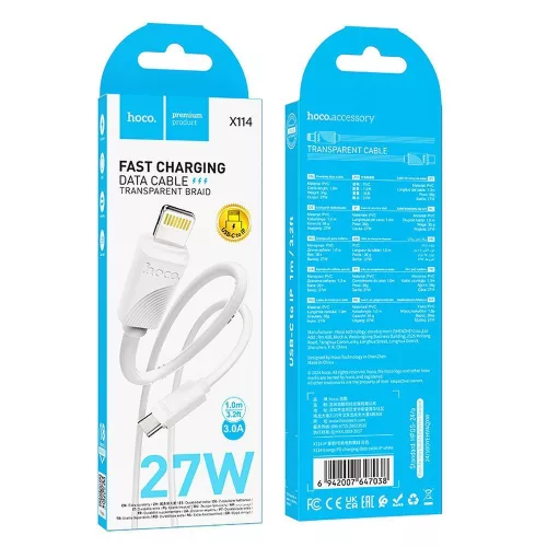 Type-C - iPhone 8pin gyorstöltő adatkábel, 1M, 27W / 2.4A, fehér, Hoco X114