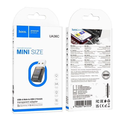 Type-C - USB-A adapter, fekete, Hoco UA36C