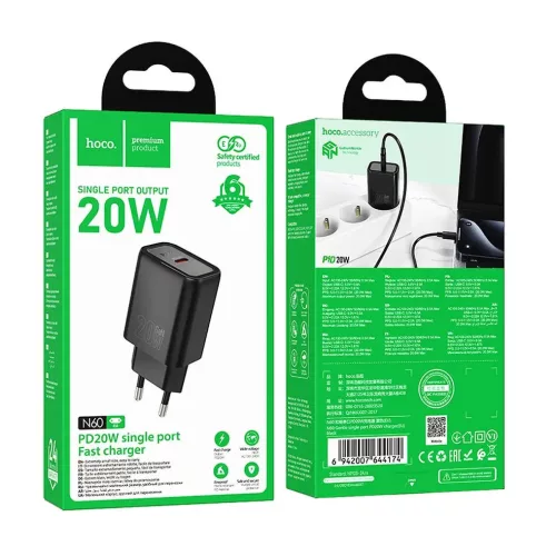 Univerzális hálózati gyors töltőfej, 1xType-C, PD / QC / 20W / 3A, fekete, Hoco N60