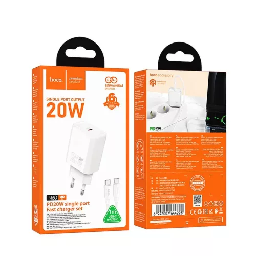 Hálózati töltőfej 1x Type-C + Type-C - Type-C adatkábel, PD / QC, 20W, fehér, Hoco N60