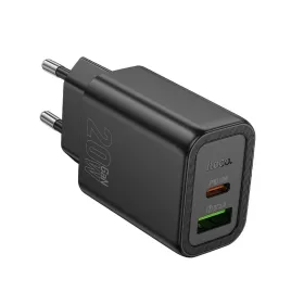   Hálózati töltőfej 1xUSB / 1xType-C, QC 3.0 / PD 3A / 20W, GaN, fekete, Hoco N61