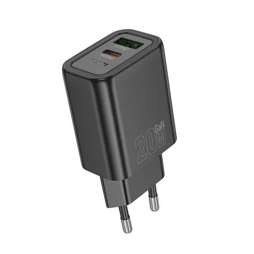 Hálózati töltőfej 1xUSB / 1xType-C, QC 3.0 / PD 3A / 20W, GaN, fekete, Hoco N61