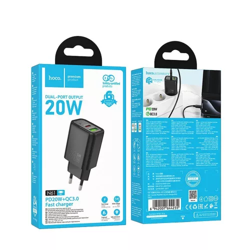 Hálózati töltőfej 1xUSB / 1xType-C, QC 3.0 / PD 3A / 20W, GaN, fekete, Hoco N61