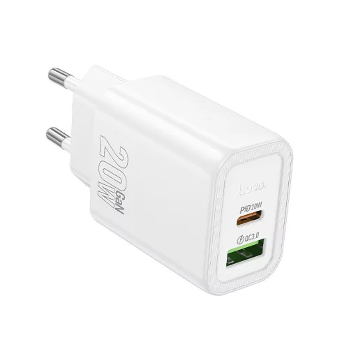 Hálózati töltőfej 1xUSB / 1xType-C, QC 3.0 / PD 3A / 20W, GaN, fehér, Hoco N61