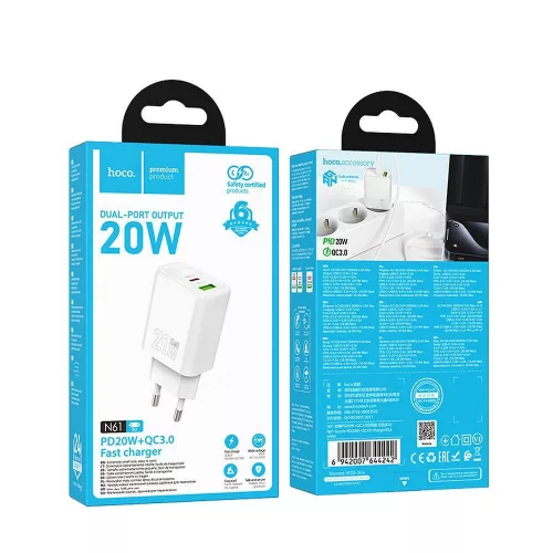 Hálózati töltőfej 1xUSB / 1xType-C, QC 3.0 / PD 3A / 20W, GaN, fehér, Hoco N61