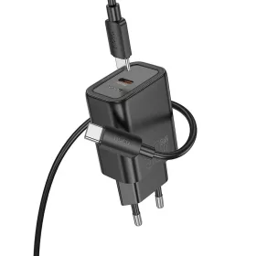   Hálózati töltőfej 1x Type-C + Type-C - Type-C adatkábel, PD 30W, QC 3.0, fekete, Hoco N62