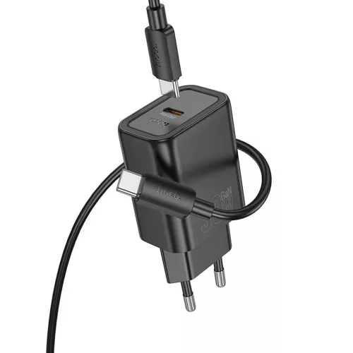 Hálózati töltőfej 1x Type-C + Type-C - Type-C adatkábel, PD 30W, QC 3.0, fekete, Hoco N62