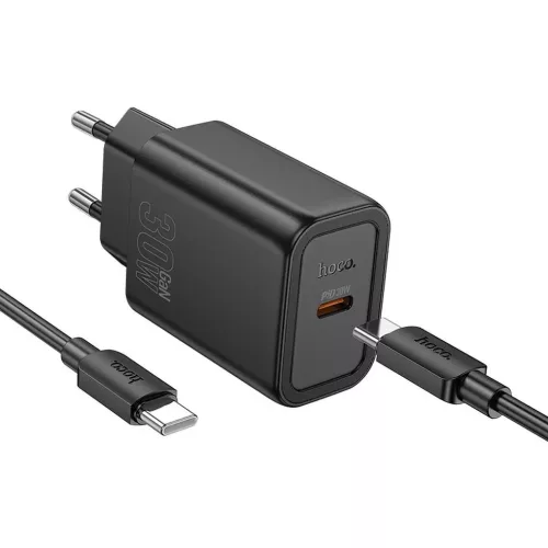 Hálózati töltőfej 1x Type-C + Type-C - Type-C adatkábel, PD 30W, QC 3.0, fekete, Hoco N62