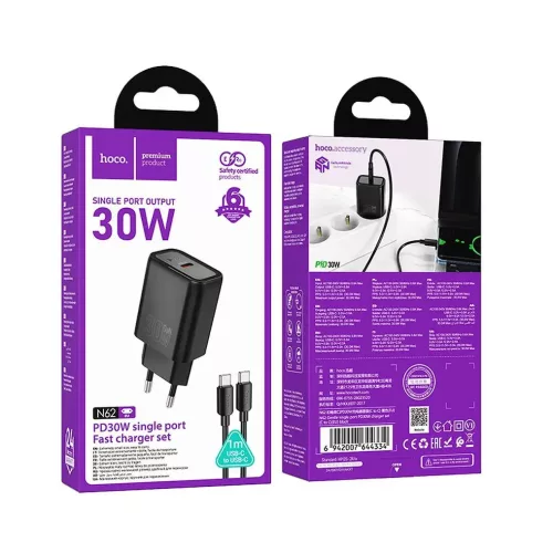 Hálózati töltőfej 1x Type-C + Type-C - Type-C adatkábel, PD 30W, QC 3.0, fekete, Hoco N62