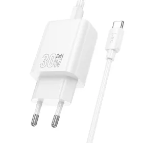   Hálózati töltőfej 1x Type-C + Type-C - Type-C adatkábel, PD 30W, QC 3.0, fehér, Hoco N62
