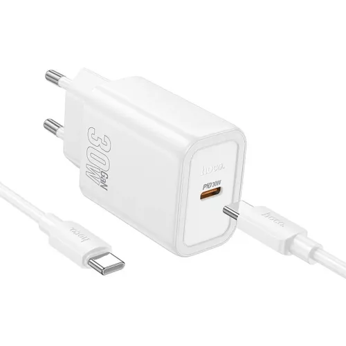Hálózati töltőfej 1x Type-C + Type-C - Type-C adatkábel, PD 30W, QC 3.0, fehér, Hoco N62