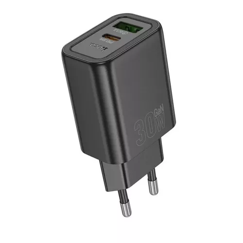 Hálózati gyors töltőfej, 1xType-C / 1xUSB, PD + QC 3A / 30W, fekete, Hoco N63