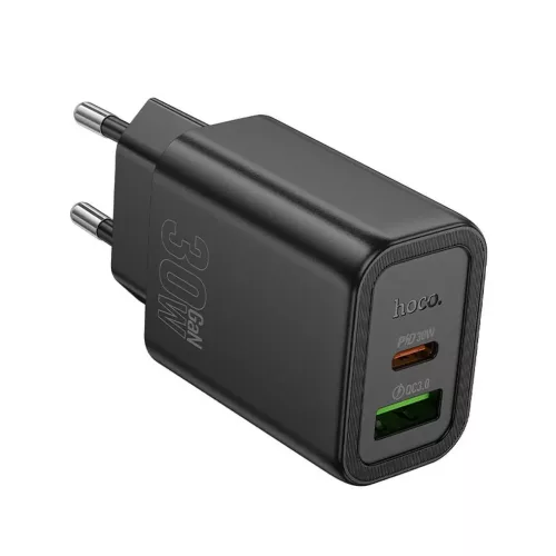 Hálózati gyors töltőfej, 1xType-C / 1xUSB, PD + QC 3A / 30W, fekete, Hoco N63