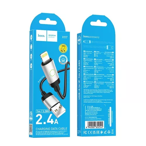 iPhone 8pin gyorstöltő adatkábel, szövettel fonott, fekete, 1M, 2.4A, Hoco X117