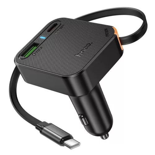 Szivartöltő fej 1xType-C / 1x USB csatlakozó, Type-C kábel, PD 35W, QC3.0, 0.65M, fekete, Hoco NZ18